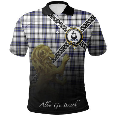 Scottish Hannay Modern Clan Crest Tartan Polo Shirt - Celtic with Scotland Lion Front Side Tartan Plaid