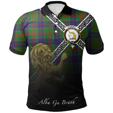 Scottish Stewart of Appin Hunting Modern Clan Crest Tartan Polo Shirt - Celtic with Scotland Lion Front Side Tartan Plaid