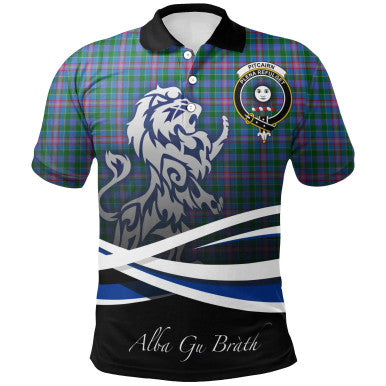 Scottish Pitcairn Hunting Clan Crest Tartan Polo Shirt - Scotland Lion Front Side Tartan Plaid