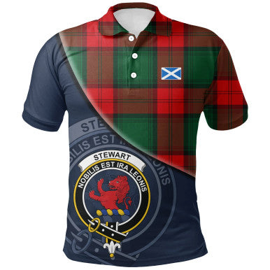 Scottish Stewart Atholl Modern Clan Crest Tartan Polo Shirt - Bend Style Front Side Tartan Plaid