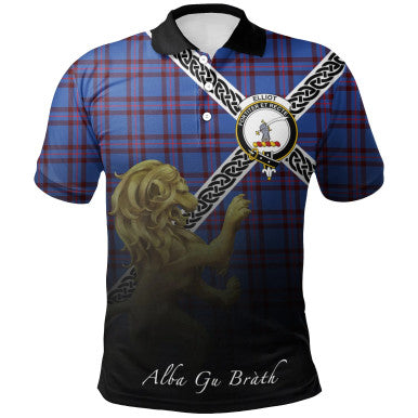 Scottish Elliot Modern Clan Crest Tartan Polo Shirt - Celtic with Scotland Lion Front Side Tartan Plaid