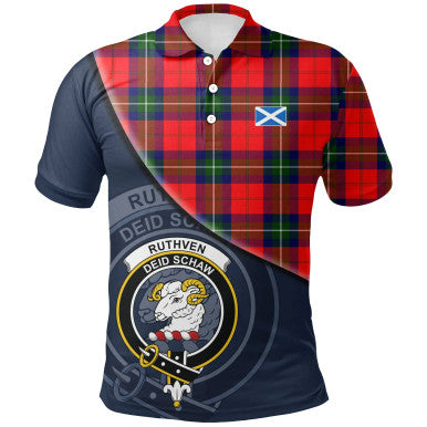 Scottish Ruthven Modern Clan Crest Tartan Polo Shirt - Bend Style Front Side Tartan Plaid
