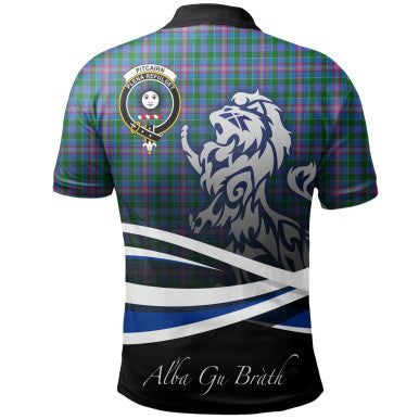Scottish Pitcairn Hunting Clan Crest Tartan Polo Shirt - Scotland Lion Back Side Tartan Plaid