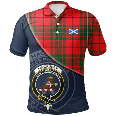 Scottish MacAulay Modern Clan Crest Tartan Polo Shirt - Bend Style Front Side Tartan Plaid