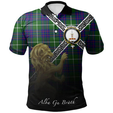 Scottish MacIntyre Hunting Modern Clan Crest Tartan Polo Shirt - Celtic with Scotland Lion Front Side Tartan Plaid