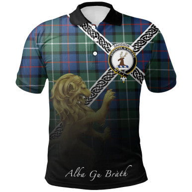 Scottish Davidson of Tulloch Clan Crest Tartan Polo Shirt - Celtic with Scotland Lion Front Side Tartan Plaid