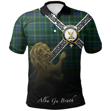 Scottish Stewart Hunting Modern Clan Crest Tartan Polo Shirt - Celtic with Scotland Lion Front Side Tartan Plaid