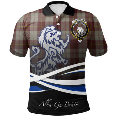 Scottish Cunningham Burgundy Dancers Clan Crest Tartan Polo Shirt - Scotland Lion Front Side Tartan Plaid