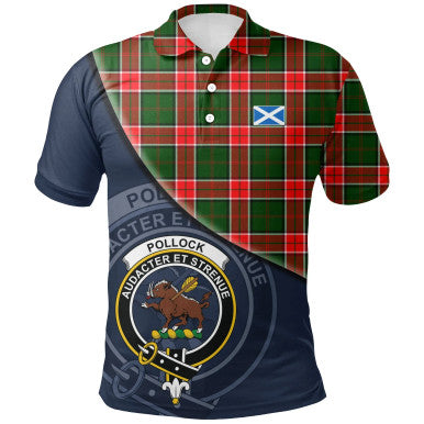 Scottish Pollock Modern Clan Crest Tartan Polo Shirt - Bend Style Front Side Tartan Plaid