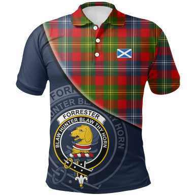 Scottish Forrester Clan Crest Tartan Polo Shirt - Bend Style Front Side Tartan Plaid