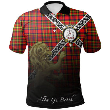 Scottish Hepburn Clan Crest Tartan Polo Shirt - Celtic with Scotland Lion Front Side Tartan Plaid