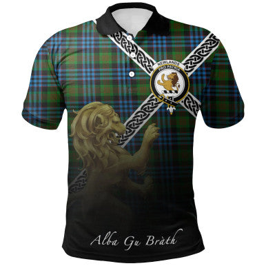 Scottish Newlands of Lauriston Clan Crest Tartan Polo Shirt - Celtic with Scotland Lion Front Side Tartan Plaid