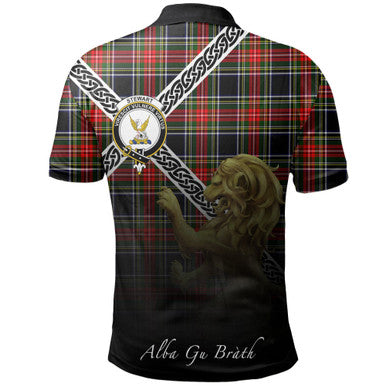 Scottish Stewart Black Clan Crest Tartan Polo Shirt - Celtic with Scotland Lion Back Side Tartan Plaid