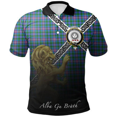 Scottish Pitcairn Hunting Clan Crest Tartan Polo Shirt - Celtic with Scotland Lion Front Side Tartan Plaid