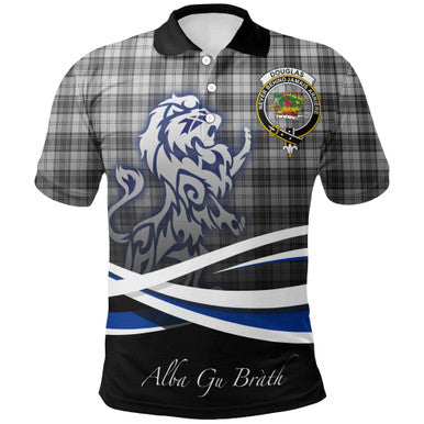 Scottish Douglas Grey Modern Clan Crest Tartan Polo Shirt - Scotland Lion Front Side Tartan Plaid