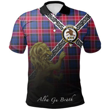 Scottish Graham of Menteith Red Clan Crest Tartan Polo Shirt - Celtic with Scotland Lion Front Side Tartan Plaid
