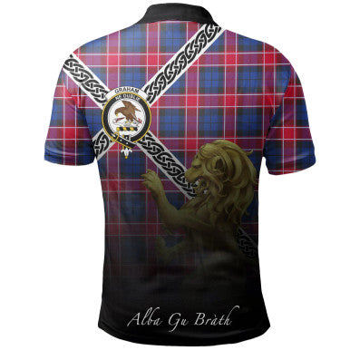 Scottish Graham of Menteith Red Clan Crest Tartan Polo Shirt - Celtic with Scotland Lion Back Side Tartan Plaid