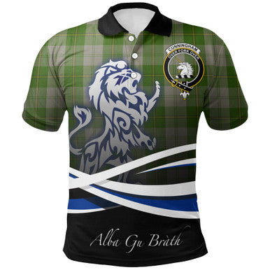Scottish Cunningham Dress Green Dancers Clan Crest Tartan Polo Shirt - Scotland Lion Front Side Tartan Plaid