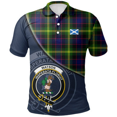 Scottish Watson Modern Clan Crest Tartan Polo Shirt - Bend Style Front Side Tartan Plaid
