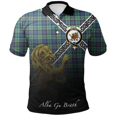 Scottish Leslie Hunting Clan Crest Tartan Polo Shirt - Celtic with Scotland Lion Front Side Tartan Plaid