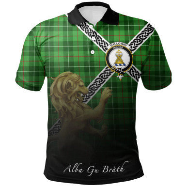 Scottish Galloway District Clan Crest Tartan Polo Shirt - Celtic with Scotland Lion Front Side Tartan Plaid