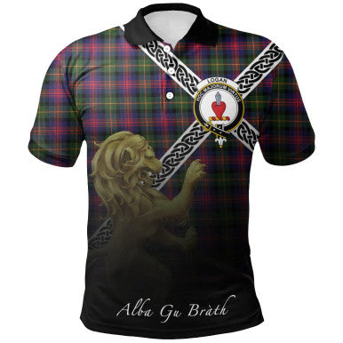 Scottish Logan Modern Clan Crest Tartan Polo Shirt - Celtic with Scotland Lion Front Side Tartan Plaid