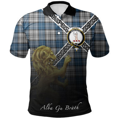 Scottish Napier Modern Clan Crest Tartan Polo Shirt - Celtic with Scotland Lion Front Side Tartan Plaid