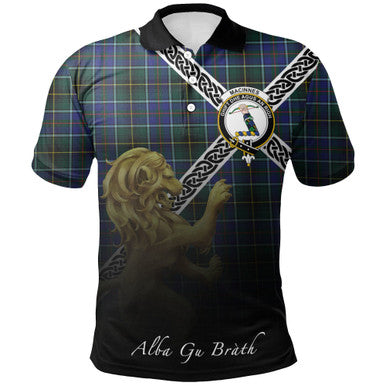Scottish MacInnes Modern Clan Crest Tartan Polo Shirt - Celtic with Scotland Lion Front Side Tartan Plaid