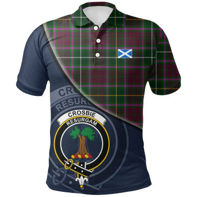 Scottish Crosbie Clan Crest Tartan Polo Shirt - Bend Style Front Side Tartan Plaid