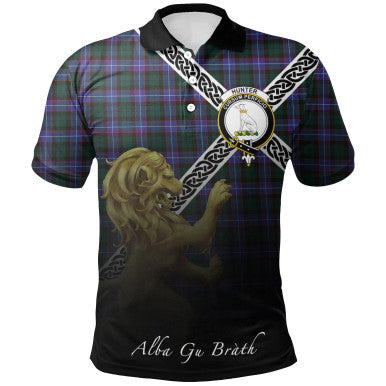 Scottish Hunter Modern Clan Crest Tartan Polo Shirt - Celtic with Scotland Lion Front Side Tartan Plaid