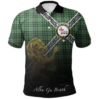 Scottish MacDonald Lord of the Isles Hunting Clan Crest Tartan Polo Shirt - Celtic with Scotland Lion Front Side Tartan Plaid