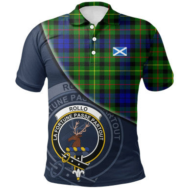 Scottish Rollo Modern Clan Crest Tartan Polo Shirt - Bend Style Front Side Tartan Plaid