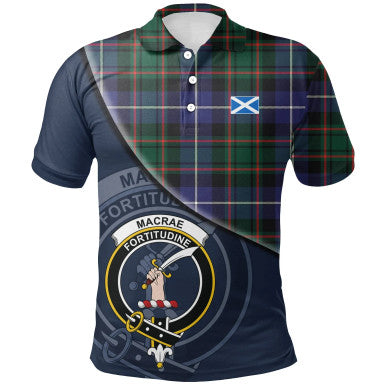 Scottish MacRae Hunting Modern Clan Crest Tartan Polo Shirt - Bend Style Front Side Tartan Plaid