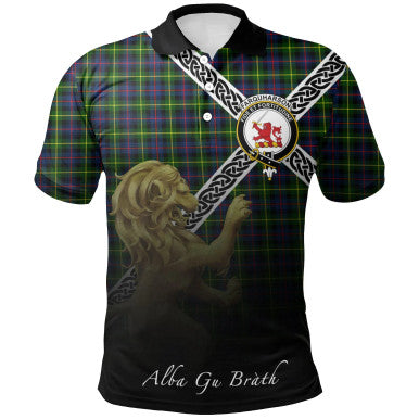 Scottish Farquharson Modern Clan Crest Tartan Polo Shirt - Celtic with Scotland Lion Front Side Tartan Plaid