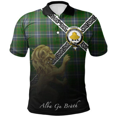 Scottish Pringle Clan Crest Tartan Polo Shirt - Celtic with Scotland Lion Front Side Tartan Plaid