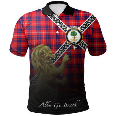 Scottish Hamilton Modern Clan Crest Tartan Polo Shirt - Celtic with Scotland Lion Front Side Tartan Plaid