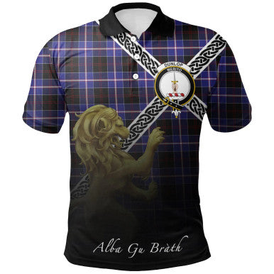 Scottish Dunlop Modern Clan Crest Tartan Polo Shirt - Celtic with Scotland Lion Front Side Tartan Plaid