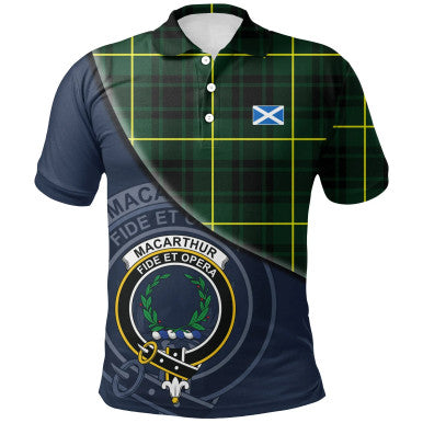 Scottish MacArthur Modern Clan Crest Tartan Polo Shirt - Bend Style Front Side Tartan Plaid
