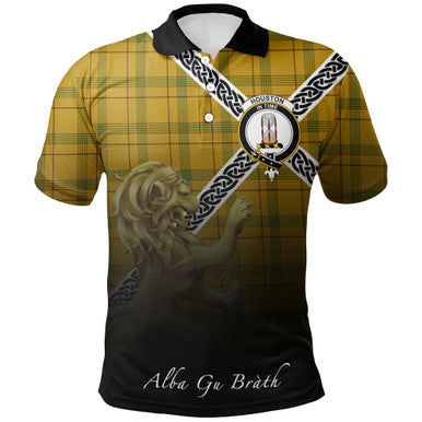 Scottish Houston Clan Crest Tartan Polo Shirt - Celtic with Scotland Lion Front Side Tartan Plaid