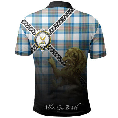 Scottish Stewart Muted Blue Clan Crest Tartan Polo Shirt - Celtic with Scotland Lion Back Side Tartan Plaid
