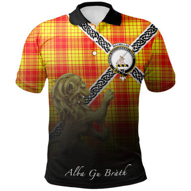 Scottish MacMillan Clan Crest Tartan Polo Shirt - Celtic with Scotland Lion Front Side Tartan Plaid
