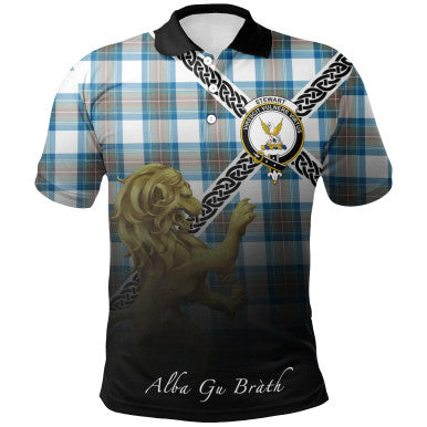 Scottish Stewart Muted Blue Clan Crest Tartan Polo Shirt - Celtic with Scotland Lion Front Side Tartan Plaid
