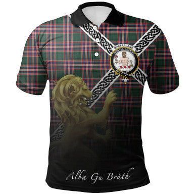 Scottish MacFarlane Hunting Modern Clan Crest Tartan Polo Shirt - Celtic with Scotland Lion Front Side Tartan Plaid