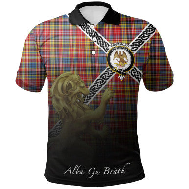 Scottish Drummond of Strathallan Clan Crest Tartan Polo Shirt - Celtic with Scotland Lion Front Side Tartan Plaid