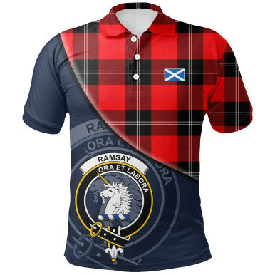 Scottish Ramsay Modern Clan Crest Tartan Polo Shirt - Bend Style Front Side Tartan Plaid