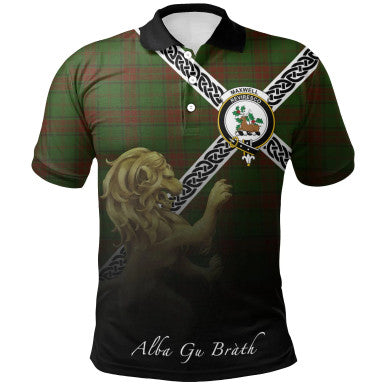 Scottish Maxwell Hunting Clan Crest Tartan Polo Shirt - Celtic with Scotland Lion Front Side Tartan Plaid