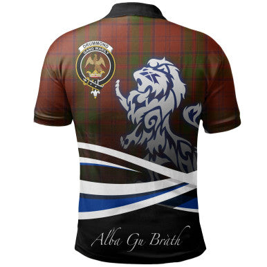 Scottish Drummond Clan Crest Tartan Polo Shirt - Scotland Lion Back Side Tartan Plaid