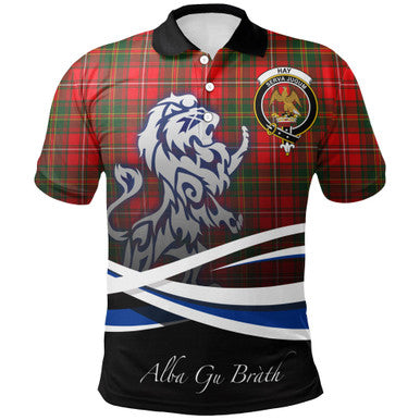 Scottish Hay Modern Clan Crest Tartan Polo Shirt - Scotland Lion Front Side Tartan Plaid