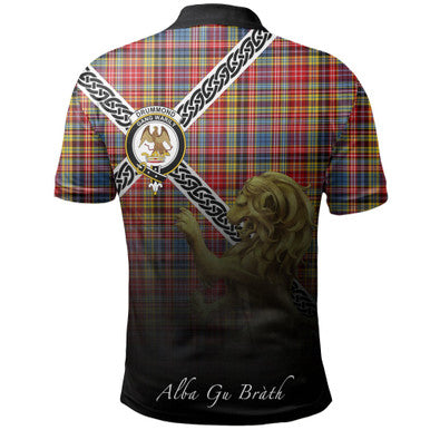 Scottish Drummond of Strathallan Clan Crest Tartan Polo Shirt - Celtic with Scotland Lion Back Side Tartan Plaid