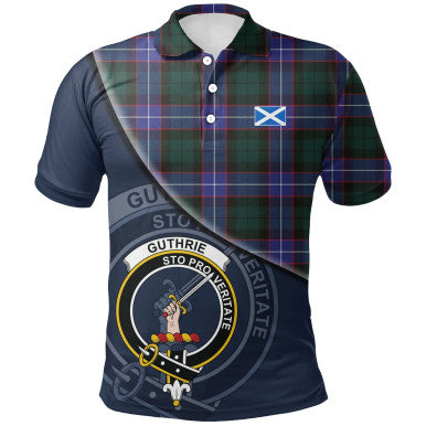 Scottish Guthrie Modern Clan Crest Tartan Polo Shirt - Bend Style Front Side Tartan Plaid